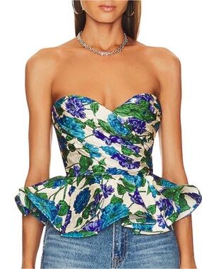 Ronny Kobo Strapless Tara Floral Peplum Top in Blue & Green
